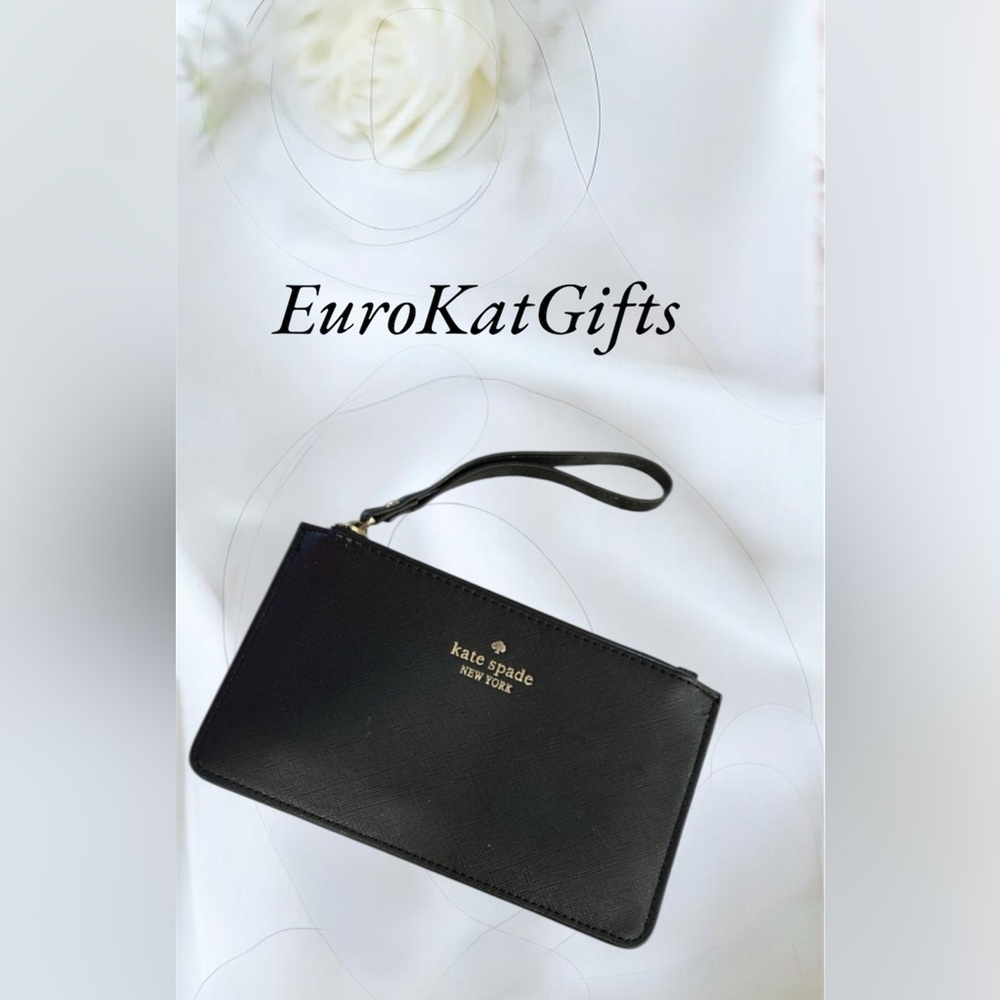 KATE SPADE Black Leather Wristlet with Gold Logo Like new In Original Pkg